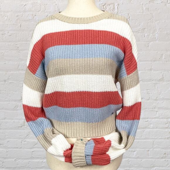 Hollister Cropped Waffle Knit Sweater XS Red Striped Retro Cozy Fall - Picture 2 of 11